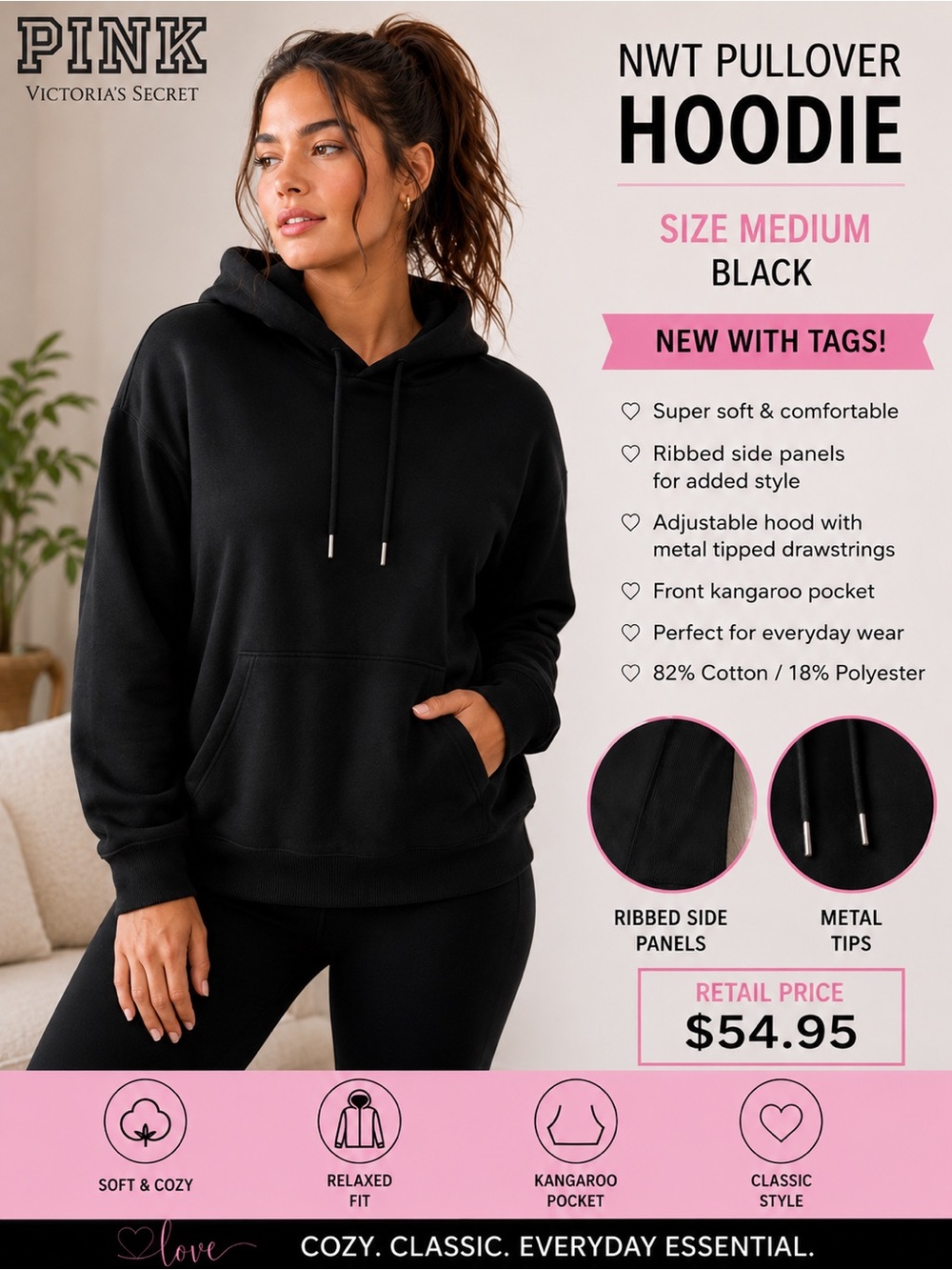PINK Victoria’s Secret Pullover Hoodie – Size Medium – Black NWT